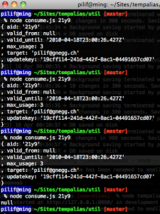 Screenshot of a terminal showing three consumptions of an alias and a fourth failng.
